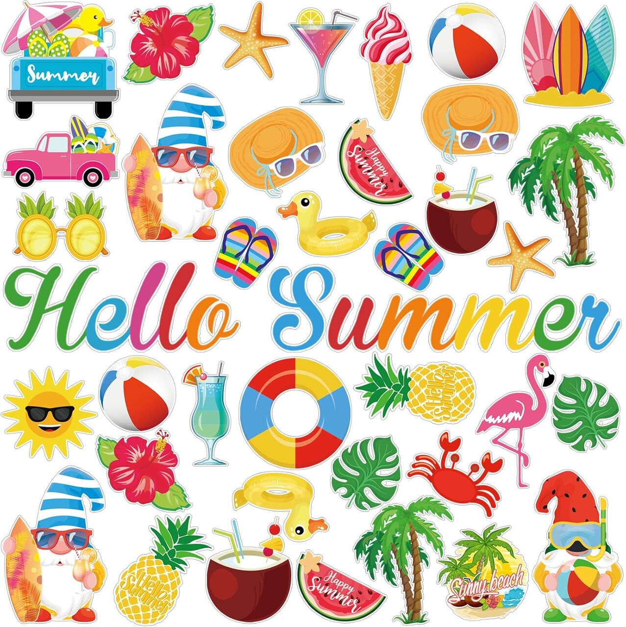 55 Pcs Hello Summer Window Gel Clings Hawaiian Thick Gel Clings